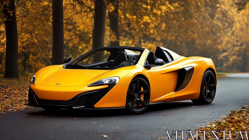 Yellow convertible sports car on forest road in autumn.