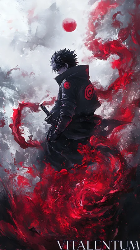 Digital painting of lone swordsman amid crimson energy vortex.