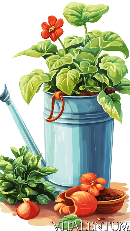 Metal watering can supports potted plant and garden items