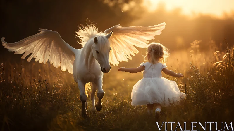 Pegasus foal meets child under golden sunset light.