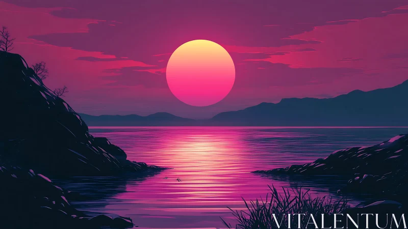 Neon magenta coastal sunset with silhouetted cliffs and reeds