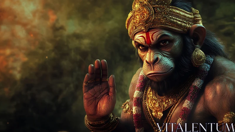 Highly detailed simian deity portrait with ornate gold regalia