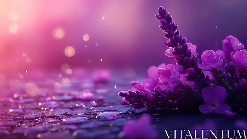 Purple Lupine Flowers with Morning Dew and Soft Light