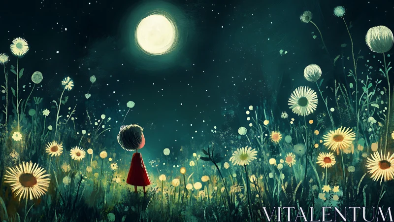 Child in red coat under full moon in luminous wildflower field