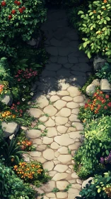 Stone garden path bordered by dense flowering shrubs.