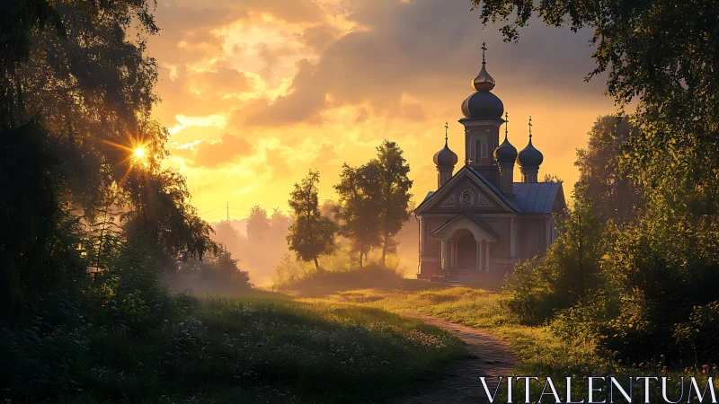 Golden mist chapel along a wandering forest pathway at dawn.