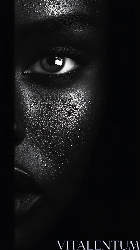 Monochrome eye closeup reveals glistening wet skin texture.