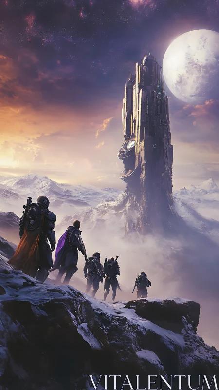 Epic sci‑fi expedition toward monolithic alien spire structure.