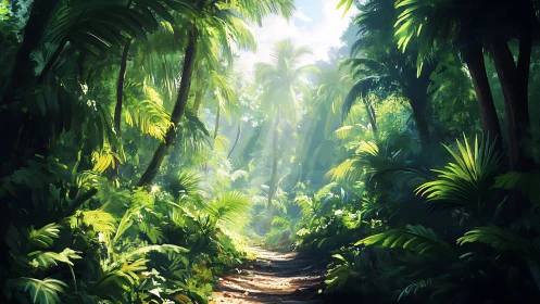 Sunlit jungle path lined with towering palm trees and dense vegetation