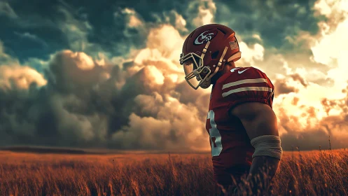 Football player in storm-lit field under dramatic clouds.