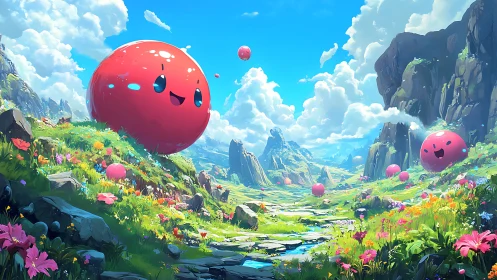 Smiling red orbs in lush fantasy valley landscape.