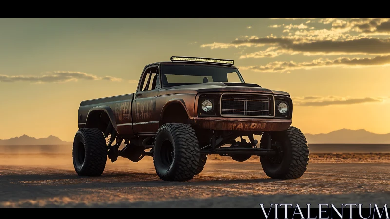 Desert titan truck growls through molten sunset dust trails