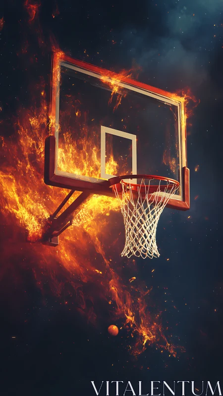 Inflamed glass basketball hoop engulfed in dynamic orange flames
