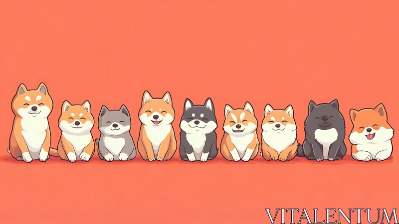 Row of cartoon shiba inu dogs on flat coral background.