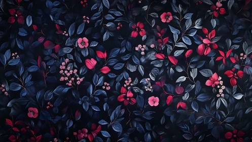Dark Floral Botanical Pattern with Red and Pink Blooms