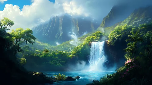 Emerald canyon waterfall singing beneath cloudlit peaks.