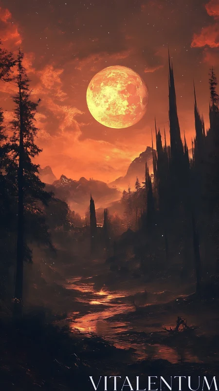 Bloodmoon river under ember skies and needle spires.