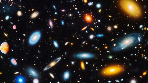 Multicolored spiral and elliptical galaxies in deep space field.