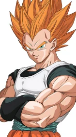 Muscular anime warrior stands cross-armed with spiked hair