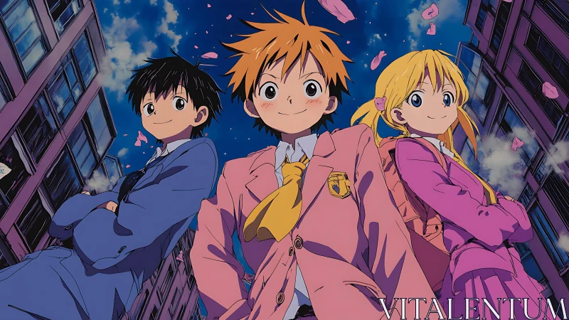 Skyward schoolyard trio under swirling cherry petals.