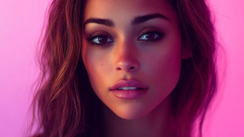 Neon-lit digital portrait with soft cinematic close-up gaze.