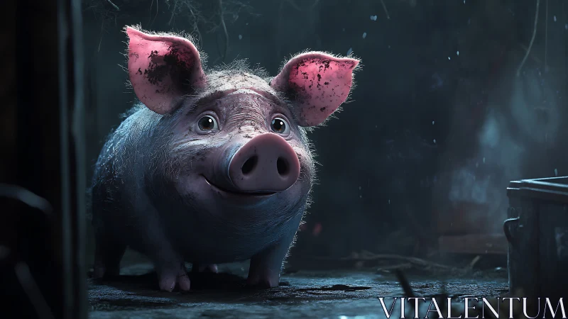 Smiling cartoon pig stands in moody blue barn light.