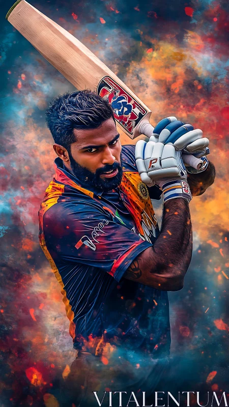 Cricketer gripping bat amid vibrant abstract color cloud