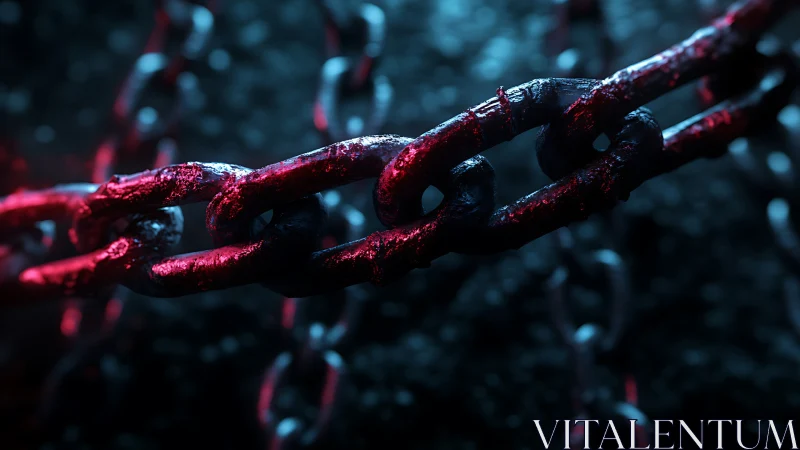 Macro-rendered corroded chain links under red cyan lighting.