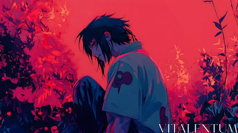 Brooding wanderer sinks into crimson foliage and memory