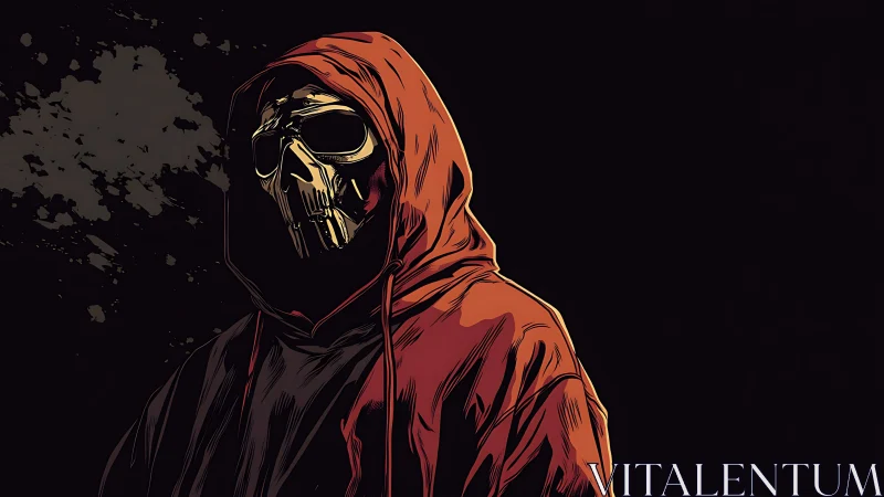 Shrouded skull in a hooded jacket stands in bold shadows