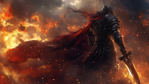Flame-wreathed dark knight with sword in burning storm.