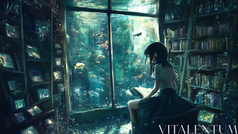 Girl Reading Beside an Enchanted Underwater Library Window.