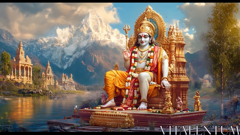 Divine golden deity enthroned before hyperreal Himalayan landscape