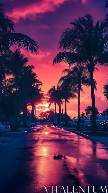 Palm-lined street under saturated sunset sky reflection.