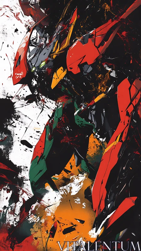 Bold mech warrior bursting from a storm of vivid color.