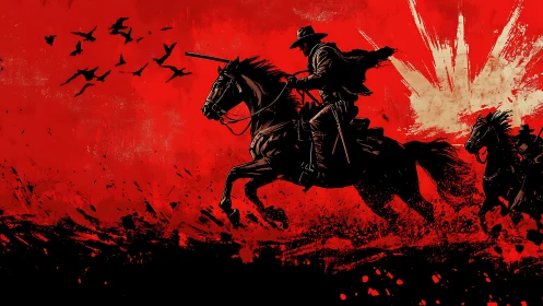 Silhouetted riders on horseback against red explosive sky.