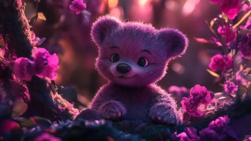Moonlit fluffbear lounges in neon blossom fairytale grove.