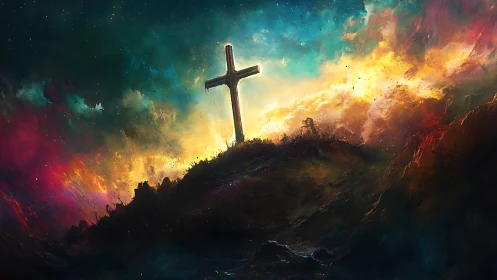 Wooden cross stands on dark ridge under turbulent sky