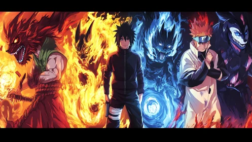 Elemental warriors flanked by fiery and icy demons duel.