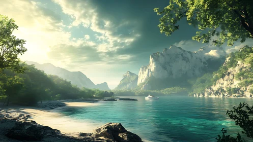 Sunlit tropical cove meets towering misty cliffs and yacht.