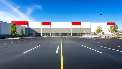Industrial warehouse facade with empty asphalt parking field.