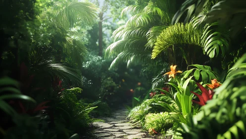 Sunlit jungle pathway inviting quiet, colorful exploration.