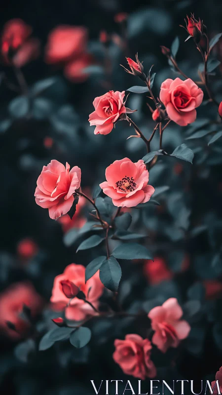 Coral roses branch bokeh composition highlighting delicate bloom forms