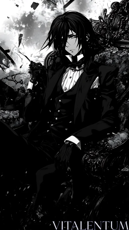 Dark suited anime man on ornate throne amid chaos.