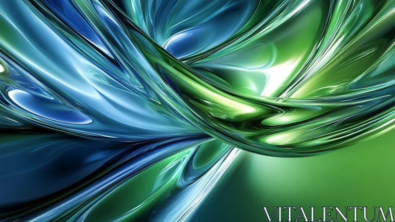 Flowing Abstract Glass Ribbons in Blue and Green Digital Art.