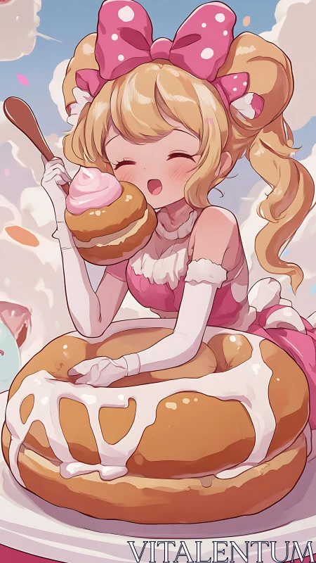 Anime Girl with Pastries on Giant Frosted Donut.