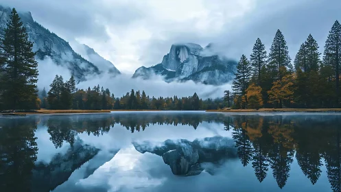 Misty granite peaks mirrored in tranquil alpine lake panorama.