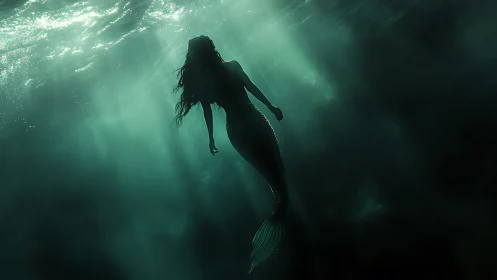 Gentle mermaid drifting through moonlit underwater shadows.
