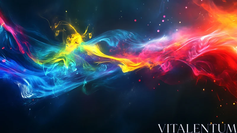 Neon color streams collide across deep cosmic void.