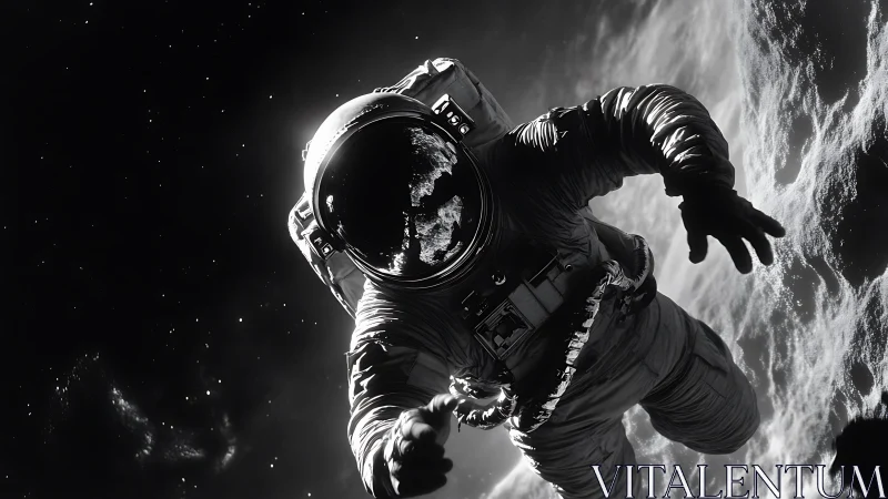 Astronaut floating in deep space near rocky celestial body.